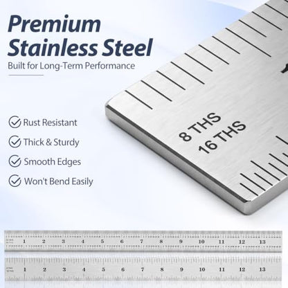 EBOOT 2 Pcs Stainless Steel Ruler Machinist Engineer Ruler with Markings 1/8, 1/16, 1/32, 1/64 Inch for Engineering, School, Office, Architect, and Drawing (14 Inch) - size: 14 Inch