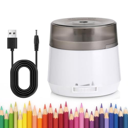 Electric Pencil Sharpener, Dual Power USB Battery Operated, Portable Design for 6-8mm Pencils, Home School Office Use (White) - color: White