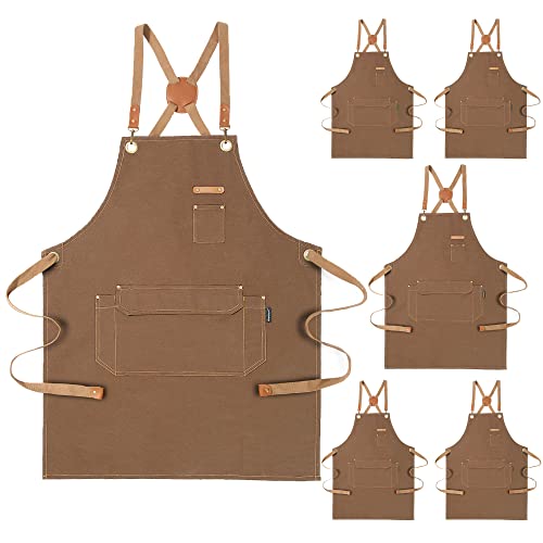 Genixart Chef Apron Men Women, Kitchen Aprons Cooking, BBQ - Brown, 6 Pack | Box Packed, Cotton Canvas, Cafe, Bar, Workshop, Restaurant, Water & Oil Stain Resistant, Cross Back Adjustable, Large Pockets - color: Brown, 6 Pack