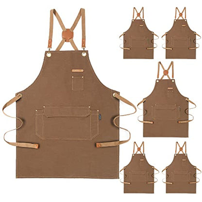 Genixart Chef Apron Men Women, Kitchen Aprons Cooking, BBQ - Brown, 6 Pack | Box Packed, Cotton Canvas, Cafe, Bar, Workshop, Restaurant, Water & Oil Stain Resistant, Cross Back Adjustable, Large Pockets - color: Brown, 6 Pack