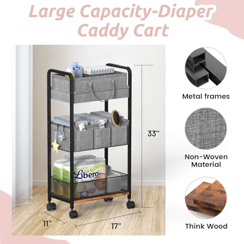 LIDTOP 2In1 Baby Diaper Caddy & 3-Tier Rolling Diaper Cart, Diaper Caddy Organizer Cart with Dividers, Mobile Metal Utility Cart for Nursery Essentials, Detachable Bedside Cart, Large Capacity - color: Black