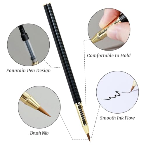 M&G Calligraphy Pen Set, 1 Pcs Fountain Pen with 6 Pcs Refillable Black Ink Cartridges, Soft Brush Tip, Portable Calligraphy Brush Pens for Beginner Hand Lettering Writing Drawing Supplies (Black)