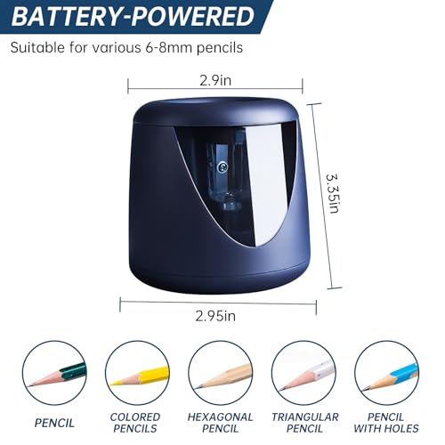 Battery-Powered Electric Pencil Sharpener, (Includes 2 Replacement Blades and 1 Cartoon Sticker) Suitable for Children, Classrooms, Offices, and Homes. Suitable for 6-8mm No. 2/Colored Pencils.