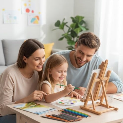 Kids Tabletop Easel Set, Portable Art Easel Painting Kits | 52 Pcs Wooden Easel for Painting Canvases, Including 12 Colors Acrylic Paints, 10 Paintbrushes and 4 Canvas Panels, Pink - color: Pink