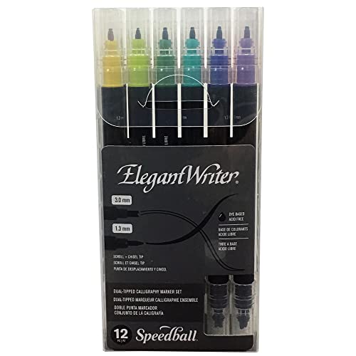 Speedball Elegant Writer Calligraphy 12 Marker Set, Assorted Colors, Dual-Tipped, 1.3 mm & 3.0 mm Chisel and Scroll Nib Pens for Drawing, Journaling, and Scrapbooking - color: Assorted Colors, style: 1.3 mm / 3.0 mm
