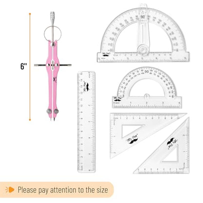 Mr. Pen- Geometry Set, 15 pcs, Pink, 6 Inch Swing Arm Protractor, Divider - color: Pink