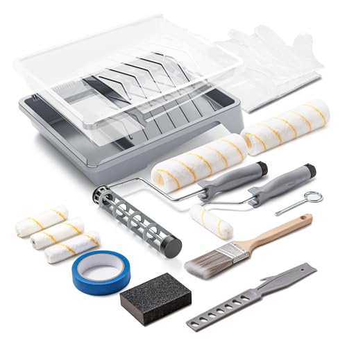 VOOMEY 17 Piece Paint Roller Kit, 9" & 4" Rollers with Tray & Brushes - style: 17pcs paint roller kit