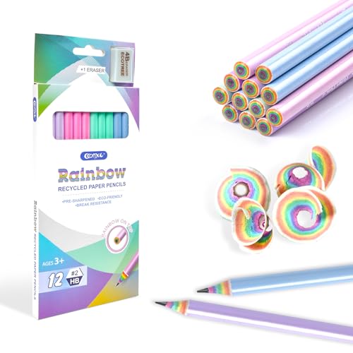 ECOTREE Pre-Sharpened Rainbow Pencils #2, Back to School Supplies, 12 Count | Cute Number 2 Pencils for Kids Students, Latex-Free Eraser, Eco Recycled Paper, Smooth Writing, Drawing, Fun Classroom Gifts