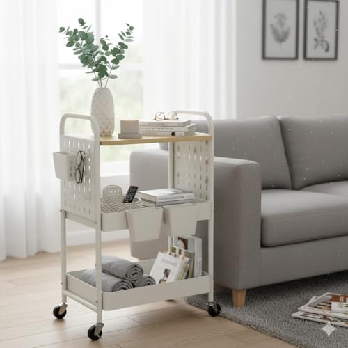 3 Tier Rolling Cart with Wooden Table Top, White Rolling Utility Cart with DIY Pegboards & Locked Wheels, Easy Assembly for Nursery, Living Room, Studio - color: White