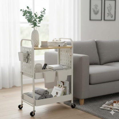 3 Tier Rolling Cart with Wooden Table Top, White Rolling Utility Cart with DIY Pegboards & Locked Wheels, Easy Assembly for Nursery, Living Room, Studio - color: White