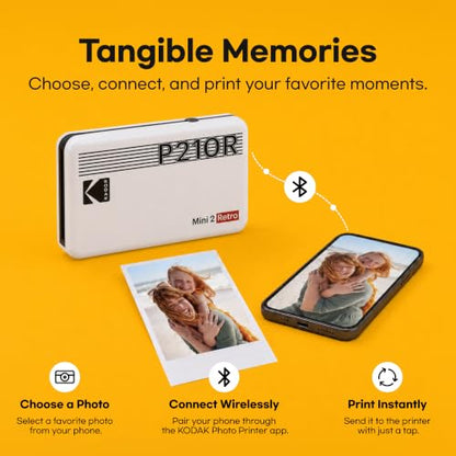 KODAK Mini 2 Retro 2x3 Portable Photo Printer, 4PASS, 38 Sheets, Black | Bluetooth, iPhone & Android Smartphone Compatible, Smudge-Proof, Water-Resistant, Fade-Resistant - color: Black, size: Printer + 38 Sheets