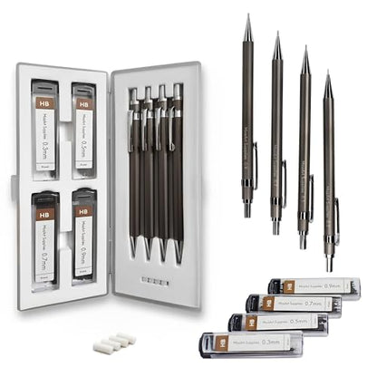 MozArt Mechanical Pencil Set 4 Sizes 0.3 0.5 0.7 0.9mm HB Lead Nickel | 30 HB Lead & Eraser Refills – Sketch, Drafting, Art & Drawing for Artists, Students & Architects – Nickel Metal Grip - color: Metallic