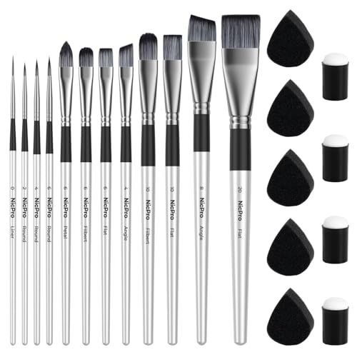 Nicpro 12pcs Face Paint Brushes Set with 9 Sponges, Face Painting Brushes | Professional Paintbrushes for Body Makeup, Acrylic Watercolor Oil Halloween Cosplay Party, Portable Storage Case Included - color: Silver
