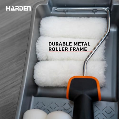 Harden Professional 4 inches 7-Piece Paint Roller Brush Set – Includes Foam & Polyester Acrylic Rollers, Silver Paint Trap, TPR Handle – Ideal for Smooth Finishes on All Paint Types