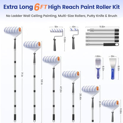 BOBEN 18PCS Paint Roller Set, Adjustable Pole 1-6ft, 4"/9" Roller Frames & Brushes – for Home, Ceiling, Wall Painting with All Paints & Stains