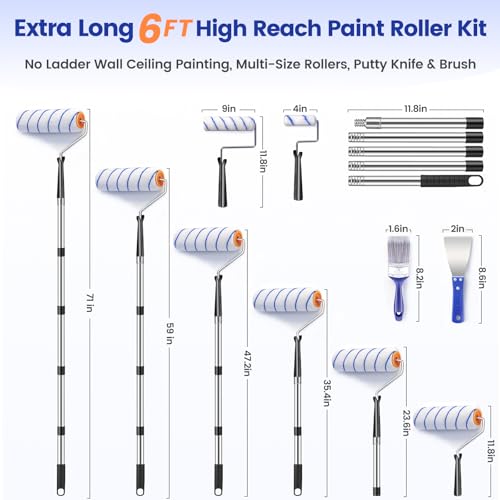 BOBEN 18PCS Paint Roller Set, Adjustable Pole 1-6ft, 4"/9" Roller Frames & Brushes – for Home, Ceiling, Wall Painting with All Paints & Stains