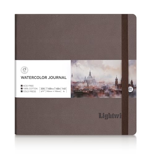 Lightwish Square Watercolor Journal, 100% Cotton Cold Press Watercolor Paper Sketchbook 7.48”x 7.48”, 20 Sheets (140lb/300gsm), Acid-Free for Watercolors, Gouache, Acrylics - color: Brown, size: 7.48*7.48 Inches