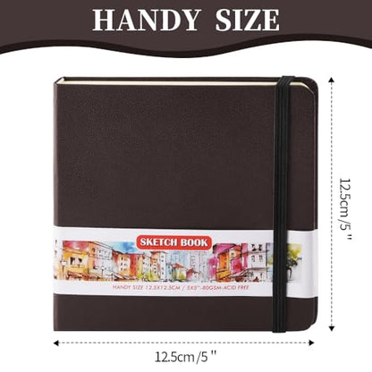 5x5 Pocket Sketch Book,80gsm Hardcover Art Sketchbook for Drawing Journal | PU Cover,Blank Paper,96Sheets/192Pages,Lay-Flat,Portable Travel Creation Paint Diary Memo Planner,Dry Media.Dark Brown - color: PU Cover-5x5in-Dark Brown
