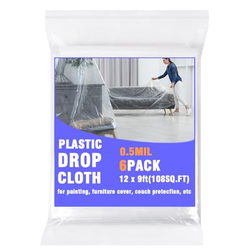 12x9 ft Plastic Drop Cloths, 3-Pack Disposable Painter's Sheeting for Floor, Furniture, Painting,Car & Renovation Protection (6 Pack) - color: 6 PACK