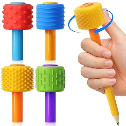 4 in 1 Pencil Fidgets for ADHD & Autism Anxiety Relief,60s Continuous Spin Pencil Topper with Textured Spinners,Silent Sensory Stress Relief Tool for Focus & Calm,Fidget Pen Flipper for Home&Classroom