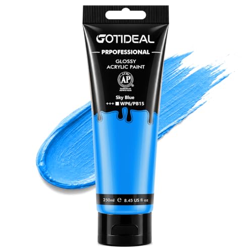 GOTEIDAL Blue Acrylic Paint, Sky Blue Paint (250ml / 8.45oz) Tubes | Art Craft Paints, Rich Pigments Non Toxic for Canvas Painting, Rock, Stone, Wood, Art Supplies - color: Sky Blue
