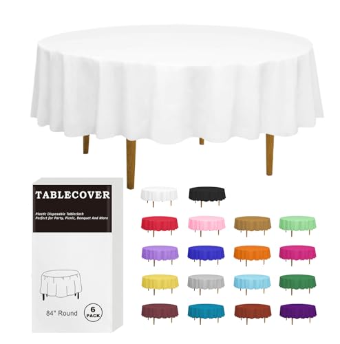 D&Z 6 Pack White Disposable Plastic Tablecloth, 84" Round Table Cover - color: White, size: 6 Pack 84" Round