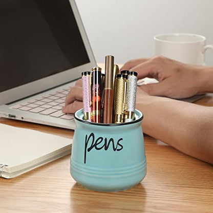 ONTUBE Porcelain Pens Holder Stand ,Ceramic Pencils Holder (Turquoise) | Porcelain, ceramic, pen & pencil holder, sturdy, easy-clean, non-slip, compact, elegant, durable, versatile, white, modern - color: Turquoise