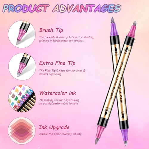 Metallic Marker Pens, 30 Colors Dual Tip Metallic Acrylic Paint Markers for for Black Paper, Rock, Fabric, Glass, Wood, Acrylic Paint Pens Markers Set for Coloring Books for Adults - color: 30 Colors