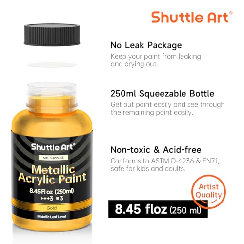 Shuttle Art Metallic Gold Acrylic Paint, 8.45 oz(250 ml) Gold Leaf Paint With Brush, Non Toxic, Non Fading Gold Paint for Crafts, Metal, Wood, Clay, Ceramic, Canvas, Furniture - color: Gold, size: 8.45 Fl Oz (Pack of 1)