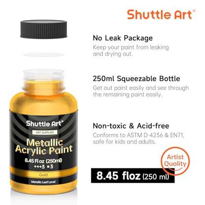 Shuttle Art Metallic Gold Acrylic Paint, 8.45 oz(250 ml) Gold Leaf Paint With Brush, Non Toxic, Non Fading Gold Paint for Crafts, Metal, Wood, Clay, Ceramic, Canvas, Furniture - color: Gold, size: 8.45 Fl Oz (Pack of 1)