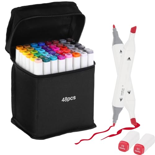 Alcohol Markers Set Dual Tips - Coloring Marker Pens 48 Colors Art Supplies | Permanent Marker for Drawing Painting Sketch Coloring Book No Bleeding Alcohol Ink Professional Markers for Adult Kids Artist