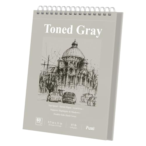 Fuxi Toned Gray Sketchbook 8.5x11, 60 Sheets (85lb/150gsm) Spiral Bound, Hardcover, Artist Sketch Pads for Drawing for Adults with Pencil, Charcoal, Colored Pencils for Artists & Students, Classroom. - color: Toned Gray, size: 11" x 8.5" (Pack of 1)