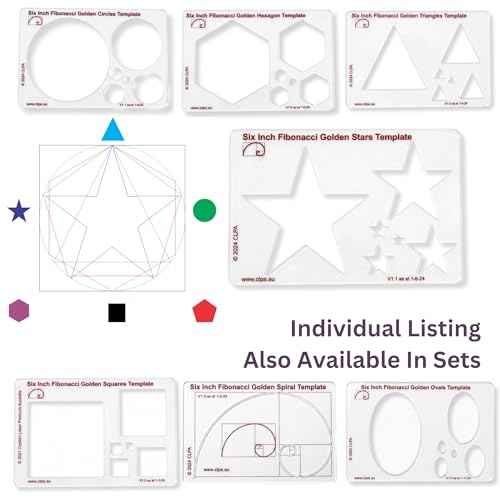 Fibonacci 6" Star Drawing Template, Golden Ratio Stencil | Australian Designed and Made; Geometric Stencil for Art; Drafting and Quilting; PETG - style: 6" Stars