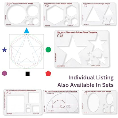 Fibonacci 6" Star Drawing Template, Golden Ratio Stencil | Australian Designed and Made; Geometric Stencil for Art; Drafting and Quilting; PETG - style: 6" Stars