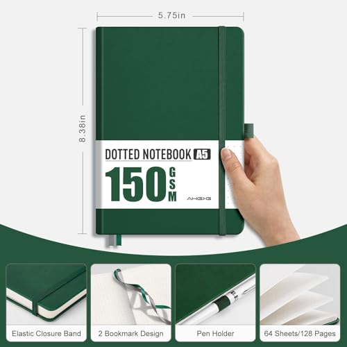AHGXG Dotted Journal, 150 GSM Paper, 128 Pages, A5 (5.7'' X 8.3'') - color: Dark Green, style: A5-Dotted-150G