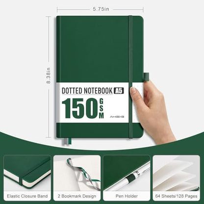 AHGXG Dotted Journal, 150 GSM Paper, 128 Pages, A5 (5.7'' X 8.3'') - color: Dark Green, style: A5-Dotted-150G