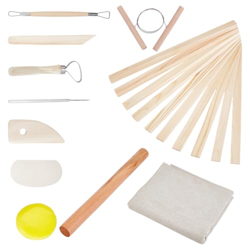 OLYCRAFT 20Pcs Pottery Making Set Includes 1Pcs Wooden Rolling Pin 10Pcs Pottery Rolling Mud Stick Guide 8Pcs Clay Sculpting Tools 1Pcs Portable Linen for Polymer Clay for DIY Beginners