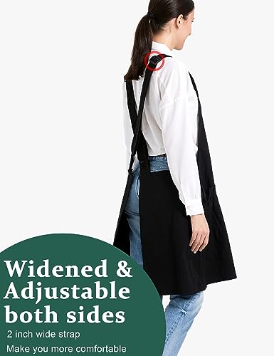 Cozy Adjustable Cross Back Aprons for Women with Pockets Cotton Linen Cooking Kitchen Baking - color: Black