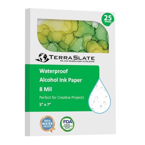 TerraSlate Paper | 8 Mil 5” x 7” Alcohol Ink Paper | Waterproof & Non-Porous Alcohol Ink Drawing Paper | Wipeable Alcohol Ink Craft Paper | White Paper for Vibrant Colors, 25 Sheets