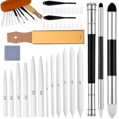39 Pcs Blending Stumps for Drawing Blending Stump Set Sketch Drawing Tools Accessories with Sandpaper Pencil Sharpener Extension Tool Erasers, Sponge Replacement Heads & Bag for Charcoal Sketch