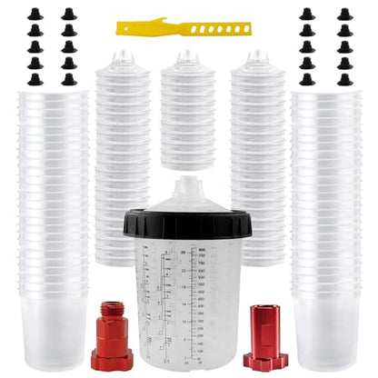 RRJ Disposable Paint Cup Automotive Spray Gun Paint System, for LVLP/HVLP Spray Gun Kit 27 Ounce(800ML) Mixing Cups with 50 Liners and Lids, 1 Hard Cup with Retainer Ring, 2 Adapter, Stirrer - color: 27 Ounce (800ml) Kit-50PCS