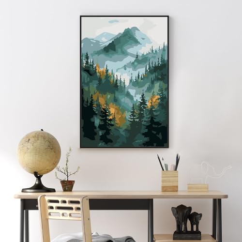 Yezavesu Framed Paint by Numbers Kit for Adults Beginner & Kids Ages 8-12, Mountain Paint by Numbers with Frame, DIY Number Painting for Adults Watercolor Forest for Home Wall Decor Gift 8X 12 inch | For Adults Beginner & Kids Ages 8-12, With Frame Canvas
