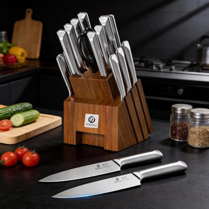 imarku 16PCS Stainless Steel Knife Set, Full Tang Design with Wooden Block | Knife Set With Block And Sharpener, High Carbon Stainless Steel Blades, Ergonomic Non-Slip Handles, Dishwasher Safe Design - color: Brown-Sliver, size: 16 Pcs