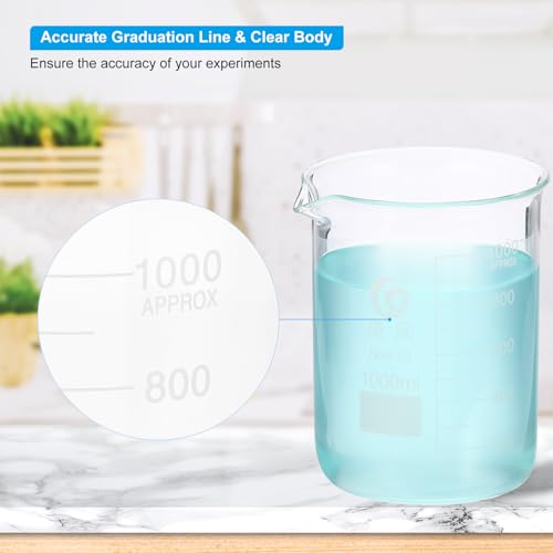 PATIKIL 1000ml Low Form Glass Beaker, 6Pcs 3.3 Borosilicate Glass Beakers Graduated Measuring Cup with Spout for Lab Experiment, Cooking and Baking, Clear - size: 1000ml