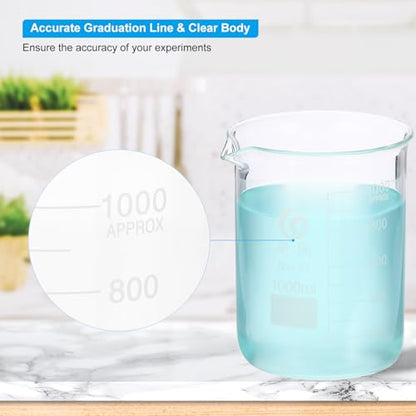 PATIKIL 1000ml Low Form Glass Beaker, 6Pcs 3.3 Borosilicate Glass Beakers Graduated Measuring Cup with Spout for Lab Experiment, Cooking and Baking, Clear - size: 1000ml