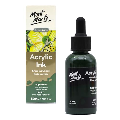 Mont Marte Acrylic Ink Premium 50ml - Sap Green, Acrylic Inks for Artists, Fluoro Colors, Ideal for Air Brush, Pouring Art, Scrapbooking, Ink Drawing, Mixed Media - color: Sap Green, size: 1.7 fl oz