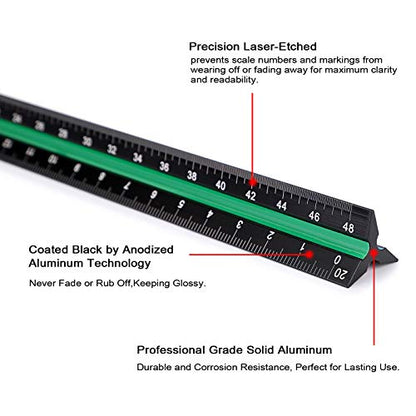 OwnMy 3 Pack 12 Inch Solid Aluminum Triangular Architect Scale Ruler Set | 3-Colors-Groove Architectural and Engineer Scale Metal Ruler Set, Clear Scales Drafting Rulers for Engineer Blueprint Project - style: Imperial Scale