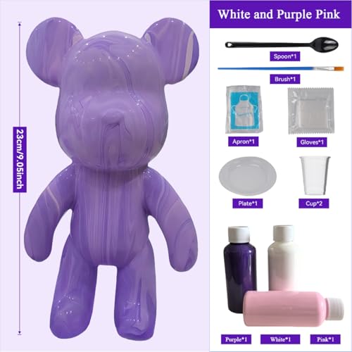 YONXID DIY Fluid Bear Painting Kit - Fluid Art Pour Paint Bear Set - Full Drip Paint Bears Kit with Spill Tray & Apron for Family Activity, Date Night, Holiday Gifts, 9.05 in, White+Purple+Pink - color: white+purple+pink(Easy DIY)