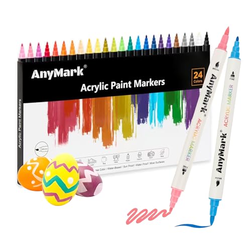 AnyMark 24 Colors Acrylic Paint Markers, Dual Tip Acrylic Paint Pens with Dot & Fine Tip, Premium Paint Markers for Coloring, Canvas, wood, Stone, Rock Painting, Glass