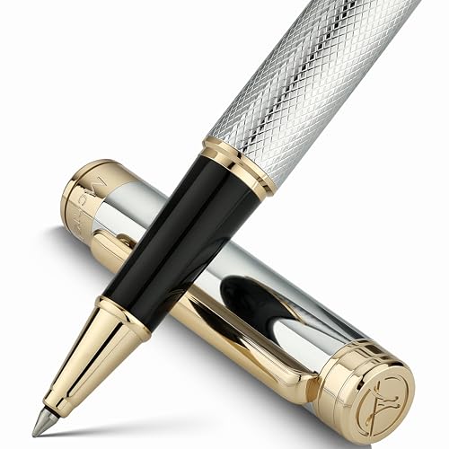 MCNTEIK Silver Chrome Rollerball Pen, Stunning Luxury Pen with Mesh Texture Design、Silver Chrome Finish and 24K Gold Accents, Nice Gift Set for Men & Women, Business, Executive, Office, Fancy Pens - color: Silver Chrome with Gold